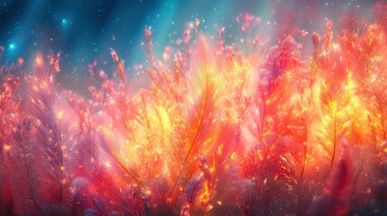 Field of giant feathers with aurora borealis reflecting off their surfaces