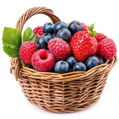 A photostock of a woven basket filled with fresh mixed berries, including strawberries, blueberries, and raspberries, displayed on a clean white background. High Quality