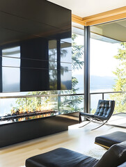 Wall Mural - Modern fireplace unit in sleek living room with large windows, showcasing stunning view of nature. aesthetic blends classic and contemporary styles, creating warm atmosphere