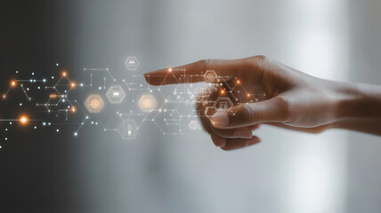 Wall Mural - digital innovation: hand reaching out to interact with a futuristic, glowing network of interconnect
