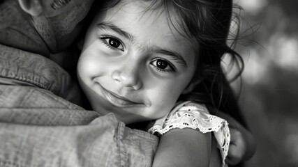 Wall Mural - Young girl is being hugged by a man. The girl is smiling and looking at the camera. Scene is warm and loving