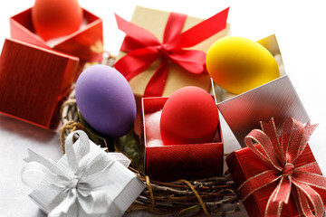 Colorful easter egg and gift boxes