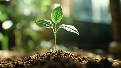 Sticker - Small green plant is growing in the dirt. The plant is surrounded by dirt and has a few leaves