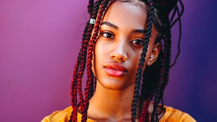 Wall Mural - Woman with red and black braids is standing in front of a purple wall. She has a serious expression on her face