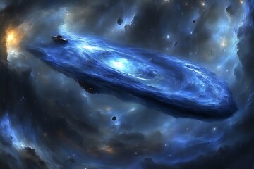 cosmic nebula with swirling blue energy and celestial bodies.