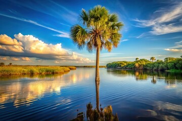 Canvas Print - Majestic Cabbage Palm Tree Overlooking Florida's Peace River: A Documentary Photograph