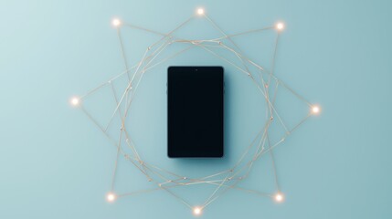 Multiple smartphones, tablets, and laptops arranged in a circle, with glowing lines connecting them, depicting the interconnectedness of devices in the digital age.