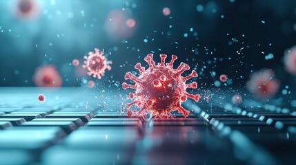 An abstract visualization of a computer system being cleaned of viruses and malware, represented by glowing particles and a healing effect.
