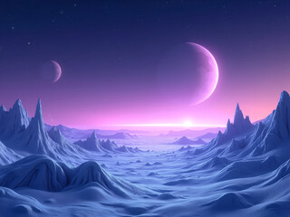alien planet landscape background with mountains, rocks, deep crevices and shining stars in space. c