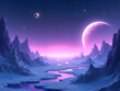 © Sanjaya - Alien planet landscape background with mountains, rocks, deep crevices and shining stars in space. Cartoon effect Theme illustration. Ai Generative