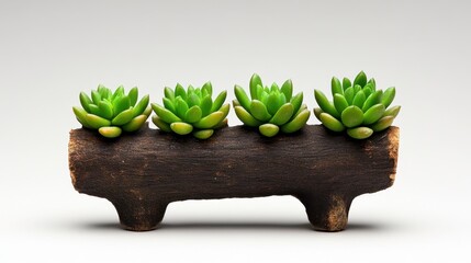 Wall Mural - A beautifully arranged display of lush green succulents sitting atop a rustic wooden planter, showcasing nature's elegance and simplicity.