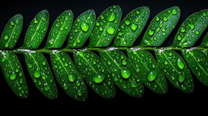 Wall Mural - Detailed close-up of a lush green fern leaf adorned with vibrant water droplets against a deep black background