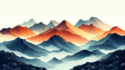 Wall Mural - Misty sunrise over colorful mountain range with foggy valley and forest