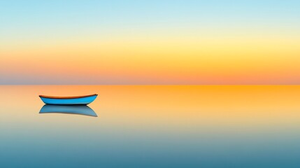 Poster - Serene sunset over calm water with a small boat.