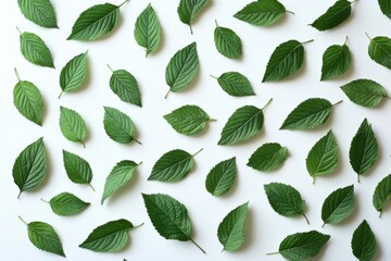 Wall Mural - Green Leaves Flat Lay Pattern on White Background