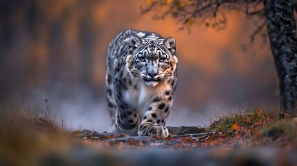 Poster - Majestic snow leopard walking towards camera in autumnal forest.