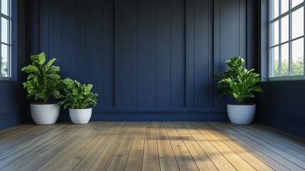 Wall Mural - Empty room with dark blue wall, wood floor, and plants.