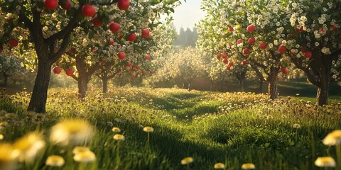 Aufkleber - A vibrant apple orchard flourishes in spring, adorned with blooming dandelions. This captivating spring landscape features lush apples and lively dandelions, showcasing nature s beauty.