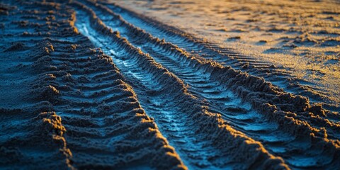 Poster - Tire track on wet sand creates an abstract background texture that showcases the unique patterns formed by the tire track on the smooth surface of wet sand. Enjoy the aesthetic of this tire track.