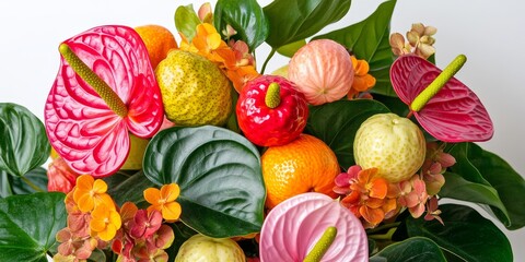 Poster - Mottled Anthurium featuring vibrant fruits against a white backdrop, perfect for creating an eye catching postcard design. Colorful fruits enhance the overall aesthetic.