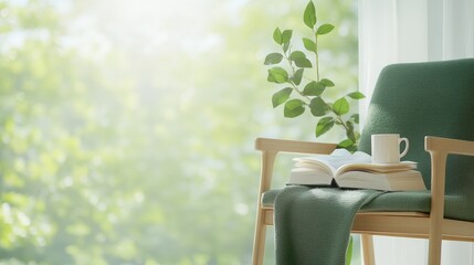 Cozy reading nook with soft sunlight, potted plant, relaxed atmosphere, fresh greenery views, wooden chair, steaming cup, open book, inviting home interior decor