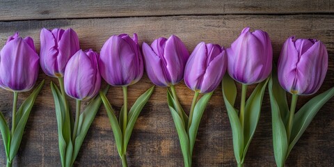 Aufkleber - Vibrant purple tulips arranged on a rustic wooden surface create a stunning visual. These purple tulips add a touch of elegance and beauty to any setting, making them a delightful focus.