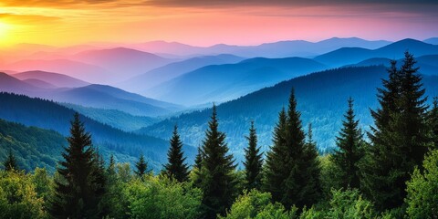 Aufkleber - Majestic mountains of the Beskydy region feature lush forests and towering trees, showcasing the wild beauty of nature. Explore the enchanting wild landscapes among the trees in these mountains.