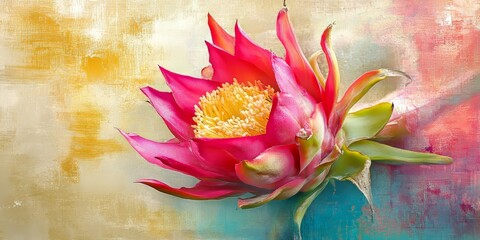 Poster - Vibrant dragon fruit flower showcased against a beautifully blurred texture, highlighting the unique features of the dragon fruit flower in an artistic presentation.