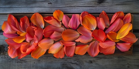 Aufkleber - Frame crafted from vibrant tulip petals displayed on a rustic wood background, showcasing the beauty of tulip petals in an artistic and unique composition of tulip petals.