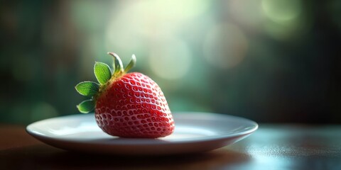 Poster - Strawberry displayed on a plate atop a table, showcasing the vibrant colors and freshness, with a selective focus emphasizing the strawberry s enticing texture and appeal.