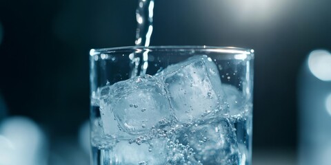Poster - Fresh water flowing into a glass filled with ice, showcasing the refreshing nature of fresh water, perfect for hydration on a hot day and ideal for beverage presentations.