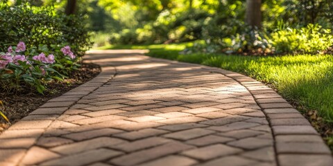 Aufkleber - The walkway features a charming design, paved with brown bricks, creating an inviting path. This brown bricks walkway enhances the aesthetic and provides a unique texture for any space.