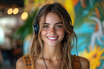 young woman smiling in a call center wearing a headset with a vibrant mockup background radiating positivity and professionalism in customer service emphasizing communication and support