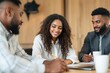 © PlanetOfVectors - Three coworkers engaged in a productive discussion, smiling and writing notes, in a contemporary office environment. Concept of teamwork. Ai generative