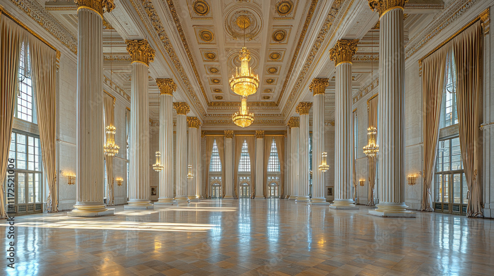 Grand hall interior, columns, chandeliers, daylight, event space Stock ...