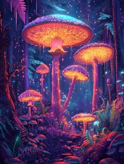 Wall Mural -  giant mushrooms glow with bioluminescent colors on the dark forest floor