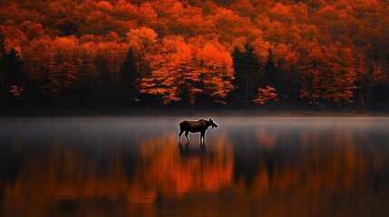 Poster - Solitary moose wading in calm lake, reflected in water, autumn foliage backdrop.