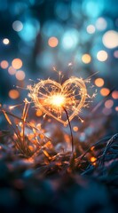 Sticker - A heart-shaped sparkler, glowing in the darkness with golden sparks and light particles