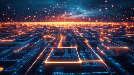 Abstract Digital Landscape: Futuristic Circuit Board Grid with Glowing Orange and Blue Lines