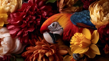 Scarlet Macaw Amidst a Vibrant Tapestry of Flowers