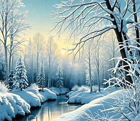 Wall Mural - Winter panorama landscape with a snow-covered forest and trees at sunrise. A winter morning marking the beginning of a new day. Winter landscape with sunset, panoramic view