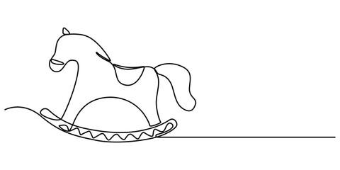 Wall Mural - Continuous one line drawing of rocking horse kid toy. Horse toy outline vector illustration. Editable stroke, One continuous line drawing of retro old vintage wooden horse toy. Classic toy kids pro. 