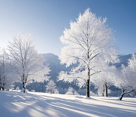 Wall Mural - Winter panorama landscape with a snow-covered forest and trees at sunrise. A winter morning marking the beginning of a new day. Winter landscape with sunset, panoramic view