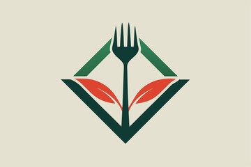 Wall Mural - A minimalist logo features a fork intertwined with vibrant green leaves, representing nature and food, A minimalist logo incorporating a stylized fork and knife in a clever and creative way