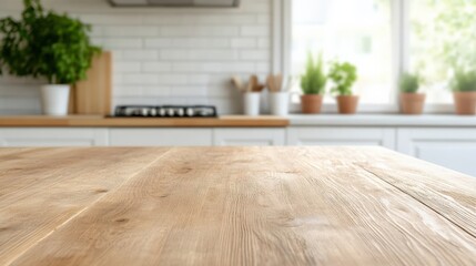 Wooden table in a bright kitchen with potted plants and a stove in the background.