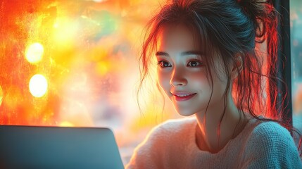 Wall Mural - artistic depiction of an Asian girl with a joyful smile, studying on a laptop, cheerful and expressive emotions, colorful highlights blending seamlessly with monochrome tones, HD image