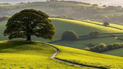 Poster - Solitary tree on a winding path in rolling green hills.