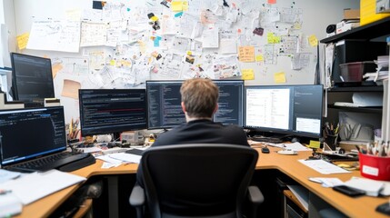 Focused software developer working at a cluttered desk with multiple screens displaying code and notes in a creative and dynamic workspace setting