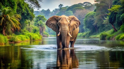 Wall Mural - A majestic elephant wades into a calm river