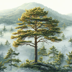 Wall Mural - Lone pine tree on rocky cliff in misty mountain forest at sunrise